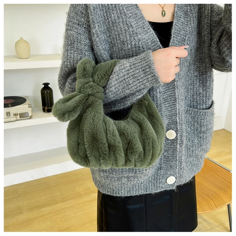 Japanese Style Cute Plush Pleated Handbag For Women Faux Fur Knot Top Handle Bag Small Soft Winter Tote