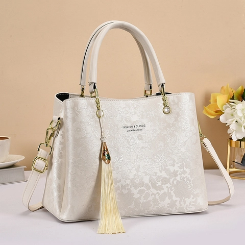 Floral Embossed PU Leather Handbag For Women Elegant Large Capacity Shoulder Bag With Tassel Retro Top Handle Satchel Bag