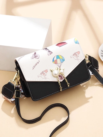 Damen Mode PU Leder Schultertasche Farbblock Retro Reise Druck Künstliche Perle Katze Schnalle Kleine Quadratische Umhängetasche Doppelriemen