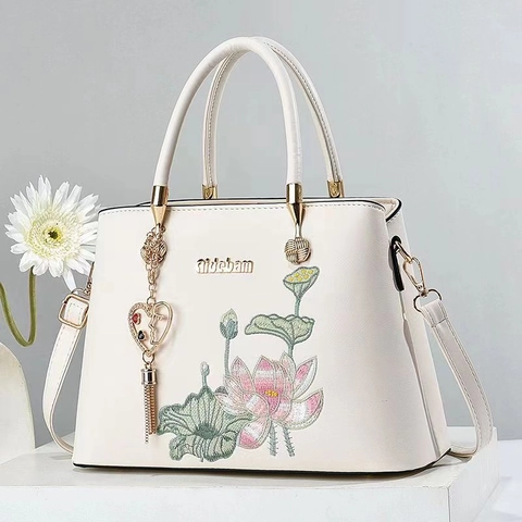 Chinese Style Lotus Embroidery PU Leather Handbag Women Elegant Top Handle Bag With Heart Tassel Shoulder Bag