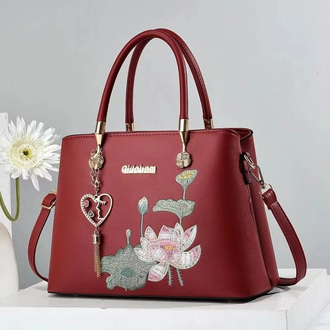 Chinese Style Lotus Embroidery PU Leather Handbag Women Elegant Top Handle Bag With Heart Tassel Shoulder Bag