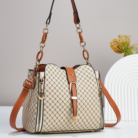 Vintage Kariert PU Leder Umhängetasche Für Damen Große Kapazität Eimertasche Mit Kettenriemen Und Goldfarbenen Beschlägen Handtasche