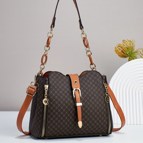 Vintage Kariert PU Leder Umhängetasche Für Damen Große Kapazität Eimertasche Mit Kettenriemen Und Goldfarbenen Beschlägen Handtasche