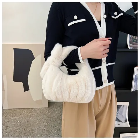 Japanese Style Cute Plush Pleated Handbag For Women Faux Fur Knot Top Handle Bag Small Soft Winter Tote