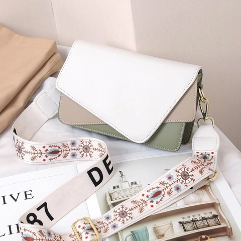 Borsa a Tracolla Quadrata da Donna in Pelle PU Patchwork Con Ricamo Cinghia Larga Moda Blocchi di Colore per Uso Quotidiano