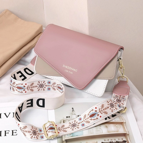 Borsa a Tracolla Quadrata da Donna in Pelle PU Patchwork Con Ricamo Cinghia Larga Moda Blocchi di Colore per Uso Quotidiano