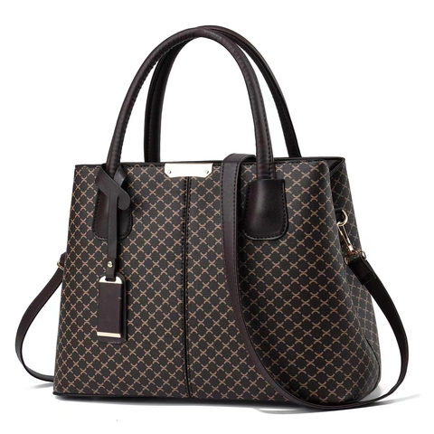 Vintage Print Large Capacity Tote Bag For Women PU Leather Crossbody Handbag Contrast Color Commuter Travel Hand Bag