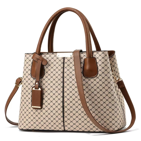 Vintage Print Large Capacity Tote Bag For Women PU Leather Crossbody Handbag Contrast Color Commuter Travel Hand Bag