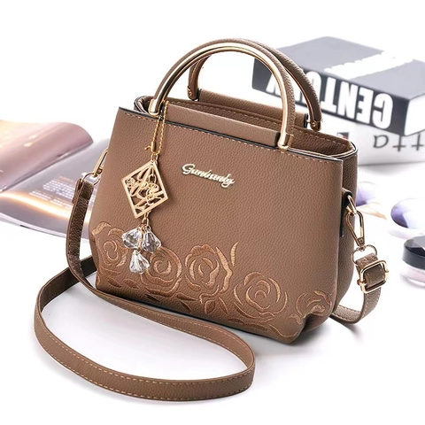 Borsa a Spalla da Donna con Rose Sbalzate Manico in Metallo Dorato Pelle PU Borsa a Tracolla Elegante Borsa a Mano Quadrata
