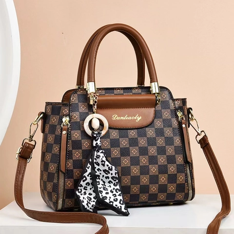 Vintage Checkered Tote Bag For Women PU Leather Shoulder Bag Large Capacity Crossbody Bag With Scarf Fashion Handbag Daily