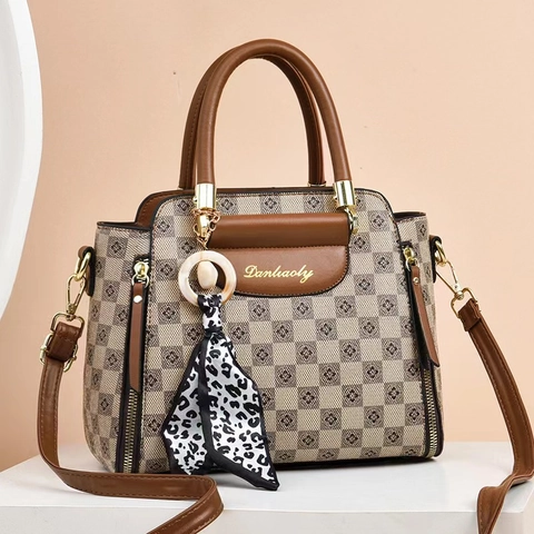 Vintage Checkered Tote Bag For Women PU Leather Shoulder Bag Large Capacity Crossbody Bag With Scarf Fashion Handbag Daily