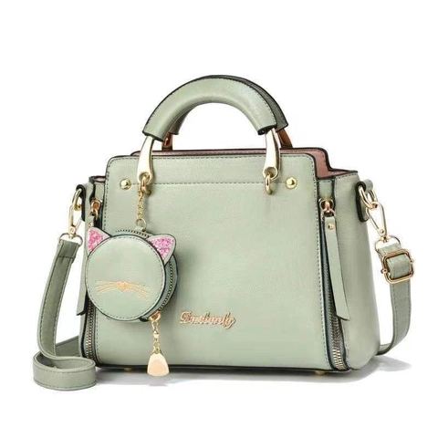 Women's Fashion PU Leather Handbag Cute Cat Pendant Shoulder Crossbody Bag Gold Hardware Sweet Top Handle Satchel Bag