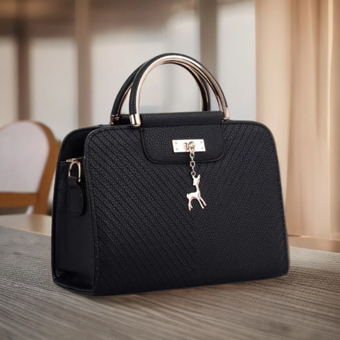 Damen Elegante PU-Leder Handtasche V-förmige Steppung Kleine Quadratische Tasche Mit Metallgriff Hirsch Anhänger Umhängetasche Schultertasche