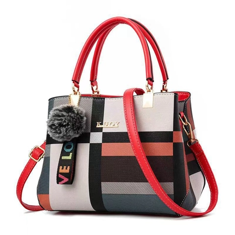 Women Plaid PU Leather Handbag Color Block Shoulder Bag With Fur Ball Pendant Elegant Fashion Crossbody Bag