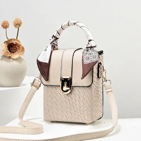 Women's PU Leather Small Square Bag Woven Texture Handbag Shoulder Crossbody Bag With Satin Scarf Decor Metal Twist Lock