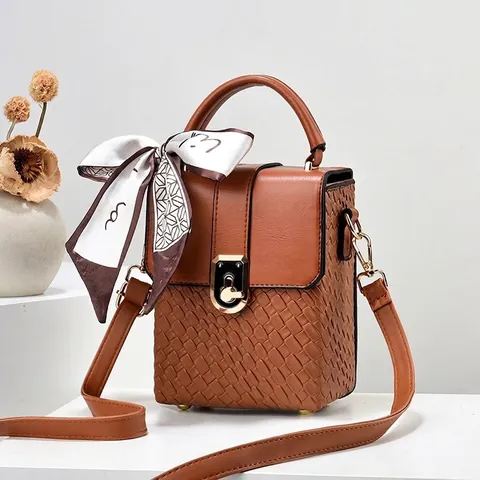 Women's PU Leather Small Square Bag Woven Texture Handbag Shoulder Crossbody Bag With Satin Scarf Decor Metal Twist Lock
