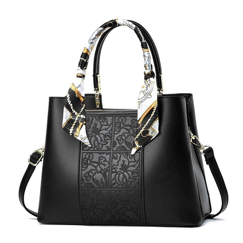Retro Chinese Style Floral Embroidered Handbag PU Leather Large Capacity Tote Bag With Satin Scarf Decoration For Women