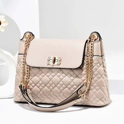 Damen Gesteppte Schultertasche PU Leder Rhombus Prägung Metallkette Strass Drehverschluss Mode Umhängetasche Casual Messenger Bag