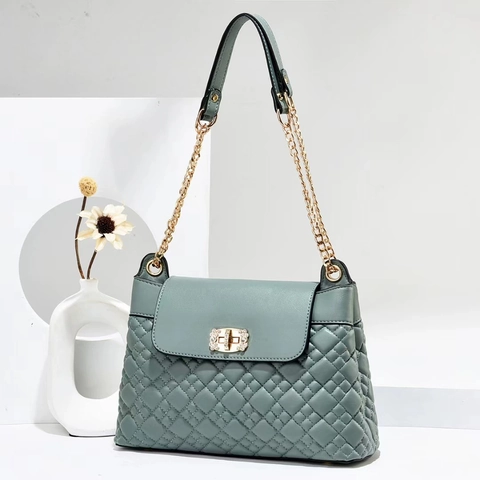 Damen Gesteppte Schultertasche PU Leder Rhombus Prägung Metallkette Strass Drehverschluss Mode Umhängetasche Casual Messenger Bag