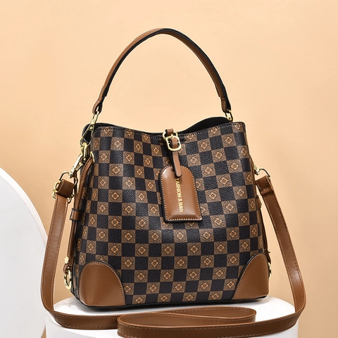 Secchiello Vintage a Scacchiera Donna in Pelle PU Monogramma Floreale Grande Capacità Borsa a Tracolla Hardware Dorato