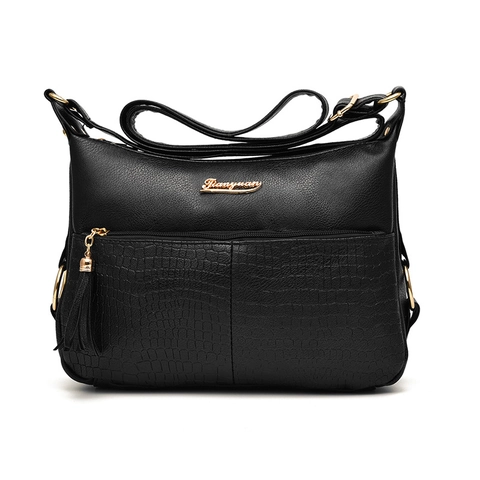 Women Large Capacity PU Leather Shoulder Bag Crocodile Pattern Crossbody Handbag With Tassel Mature Simple Daily Commuting Bag