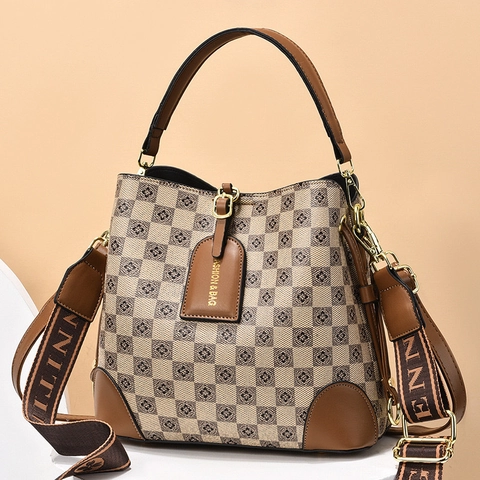 Secchiello Vintage a Scacchiera Donna in Pelle PU Monogramma Floreale Grande Capacità Borsa a Tracolla Hardware Dorato