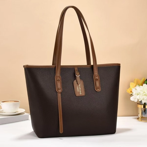 Women Minimalist PU Leather Tote Bag Large Capacity Lychee Pattern Contrast Color Handbag Commuter Shoulder Bag Office Daily Large Purse