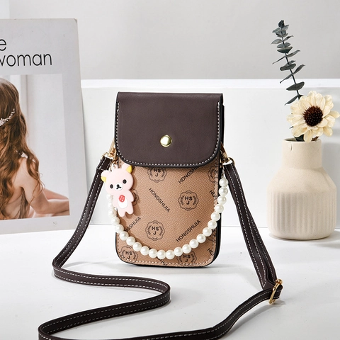 Sacoche pour Téléphone Portable Vintage Monogramme pour Femmes en Cuir PU Minimaliste Petit Sac à Bandoulière avec Chaîne de Künstliche Perles et Ours