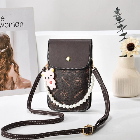 Sacoche pour Téléphone Portable Vintage Monogramme pour Femmes en Cuir PU Minimaliste Petit Sac à Bandoulière avec Chaîne de Künstliche Perles et Ours