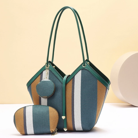 Women Large Capacity Striped Woven Tote Bag 3 Piece Set Fashion PU Leather Patchwork Shoulder Bag Handbag With Pouch Set