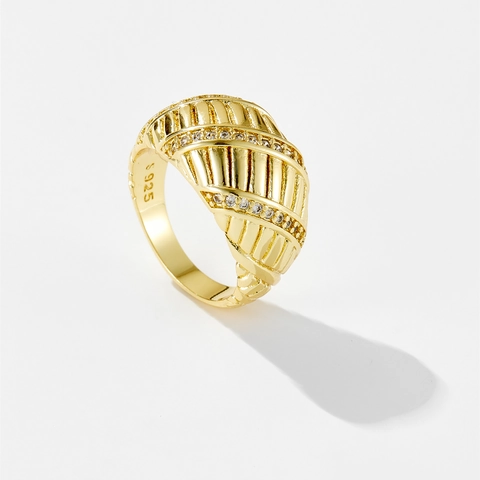 Vintage 925 Sterling Silver Croissant Ring With Zirconia Gold Platinum Plated Adjustable Geometric Ribbed Texture Jewelry For Women