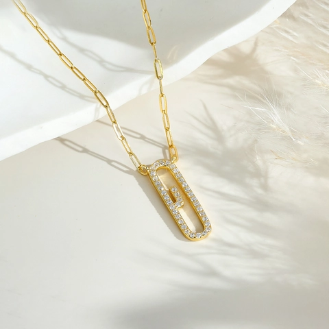 925 Sterling Silver Paperclip Chain Pendant Necklace Pave Zirconia Geometric Rectangular Charm Minimalist Jewelry For Women