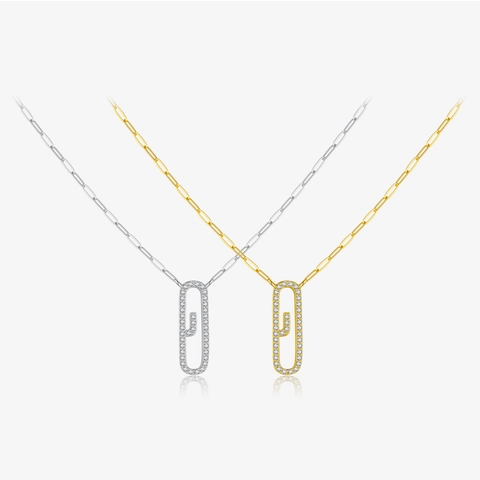 925 Sterling Silver Paperclip Chain Pendant Necklace Pave Zirconia Geometric Rectangular Charm Minimalist Jewelry For Women