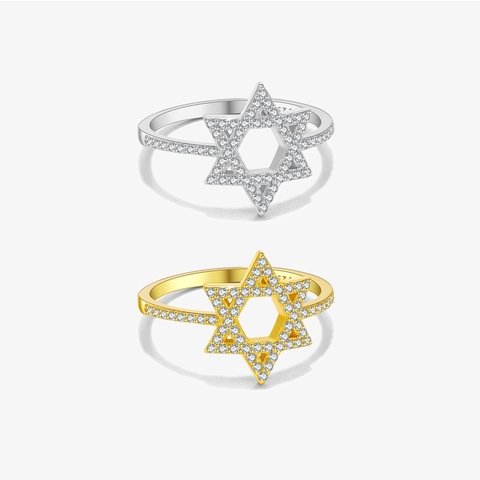 S925 Sterling Silver Hexagram Ring Star Of David Geometric Zirconia Inlaid Gold Platinum Plated Trendy Finger Jewelry Women