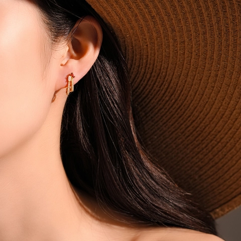 S925 Sterling Silver Zirconia Stud Earrings For Women Double Curve Design With Marquise Cut Orange White Gemstones Jewelry