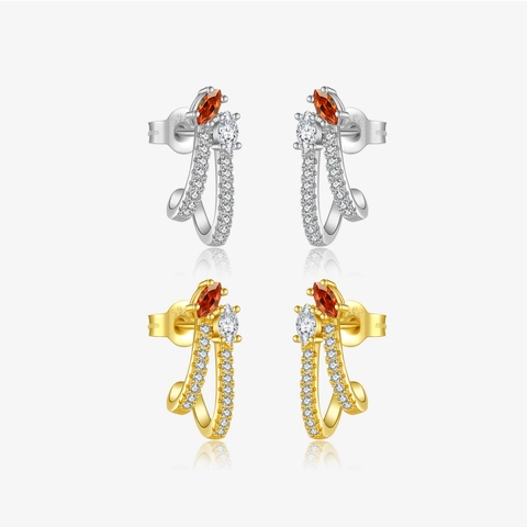 S925 Sterling Silver Zirconia Stud Earrings For Women Double Curve Design With Marquise Cut Orange White Gemstones Jewelry