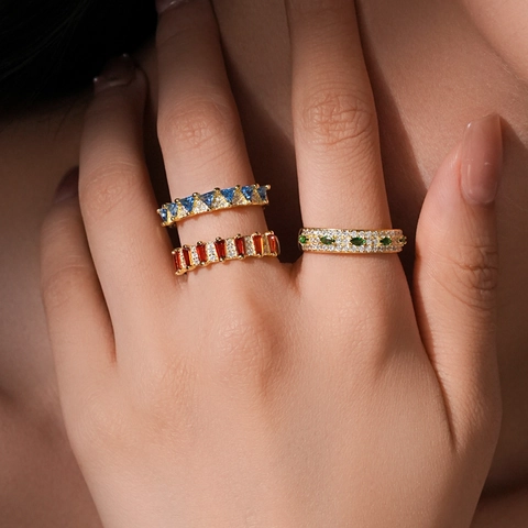 925 Sterlingsilber Geometrischer Ring Vergoldet Zirkonia Dreieck Marquise Rechteck Band Damen Mode Schmuck