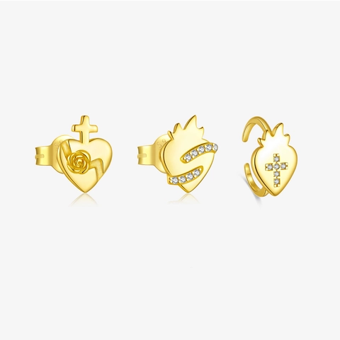 925 Sterling Silver Stud Earrings Vintage Gothic Heart Cross Rose Flame Design Zirconia Ear Cuffs Jewelry For Women Gold Silver