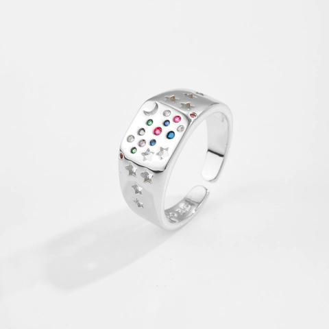Adjustable 925 Sterling Silver Open Ring For Women Colorful Zirconia Inlaid Star Moon Hollow Out Fashion Jewelry Ring Gift