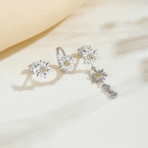 925 Sterling Silver Daisy Flower Earrings With Yellow Zirconia Small Floral Stud Dangle Hoop Jewelry For Women Daily Gift