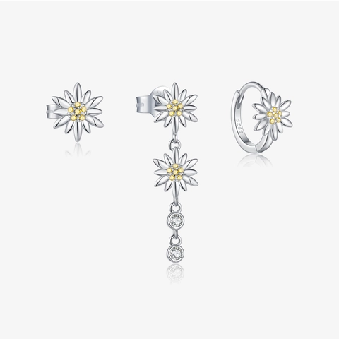 925 Sterling Silver Daisy Flower Earrings With Yellow Zirconia Small Floral Stud Dangle Hoop Jewelry For Women Daily Gift