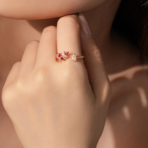 Anillo Abierto de Plata de Ley S925 Racimo de Zirconia Rosa Degradado Corte de Pera Elegante Anillo Ajustable Joyería Regalo