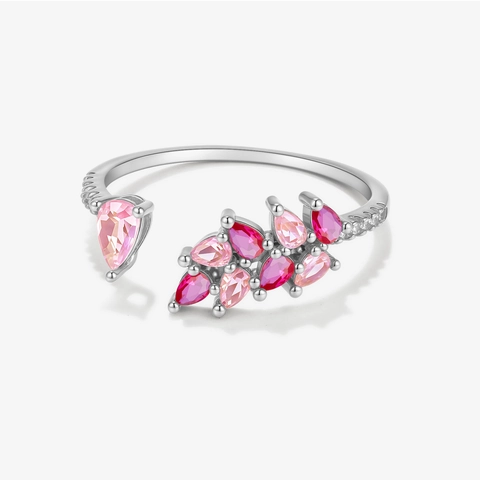 Anillo Abierto de Plata de Ley S925 Racimo de Zirconia Rosa Degradado Corte de Pera Elegante Anillo Ajustable Joyería Regalo
