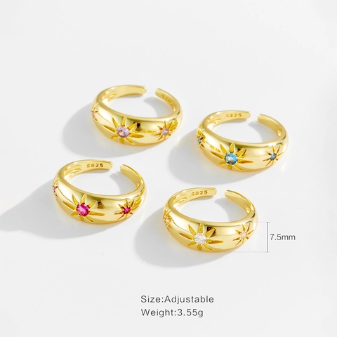 925 Sterling Silver Adjustable Eight-Pointed Star Ring Gold Plated Zirconia Inlaid Wide Band Fashion Jewelry Women Ring