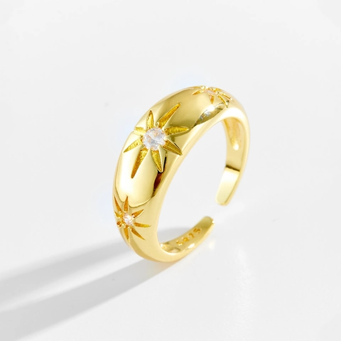 925 Sterling Silver Adjustable Eight-Pointed Star Ring Gold Plated Zirconia Inlaid Wide Band Fashion Jewelry Women Ring