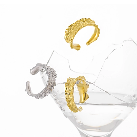 S925 Sterlingsilber Ring Unregelmäßige Textur Offen Für Damen Breitflächig Lava-Stil Weißgold 18K Vergoldet Schmuck