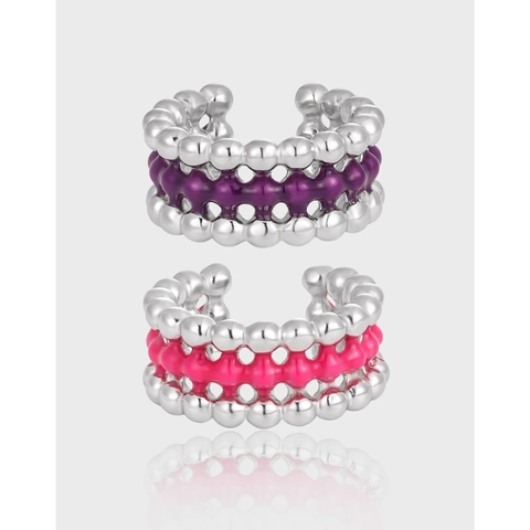 Orecchino a Polsino E Anello in Argento Sterling S925 Perline Multistrato Smalto Viola Rosa Rosso Gioielli Senza Buco