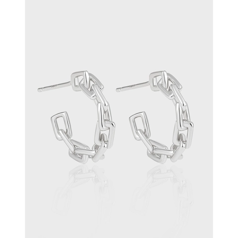 Pendientes de Botón de Cadena de Eslabones de Plata de Ley 925 para Mujer Aros Geométricos Minimalistas en Forma de C