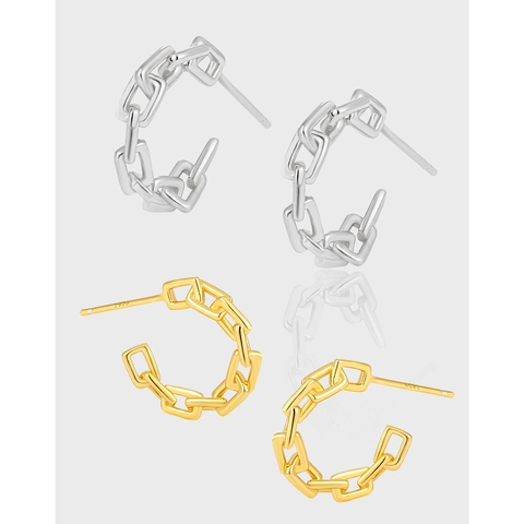 Pendientes de Botón de Cadena de Eslabones de Plata de Ley 925 para Mujer Aros Geométricos Minimalistas en Forma de C