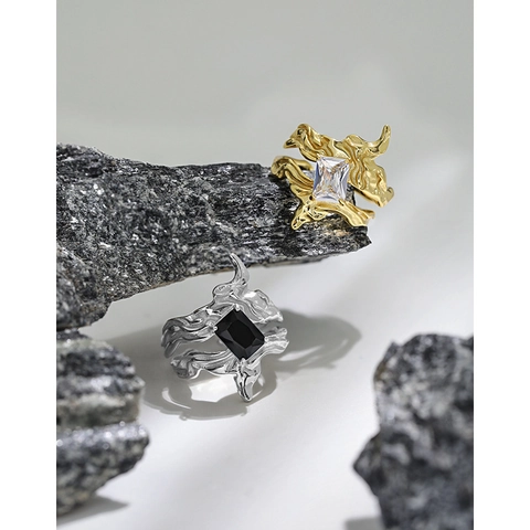 S925 Sterling Silver Irregular Liquid Metal Ring For Women Inlaid Zirconia Minimalist Adjustable Open Finger Ring Fashion Jewelry